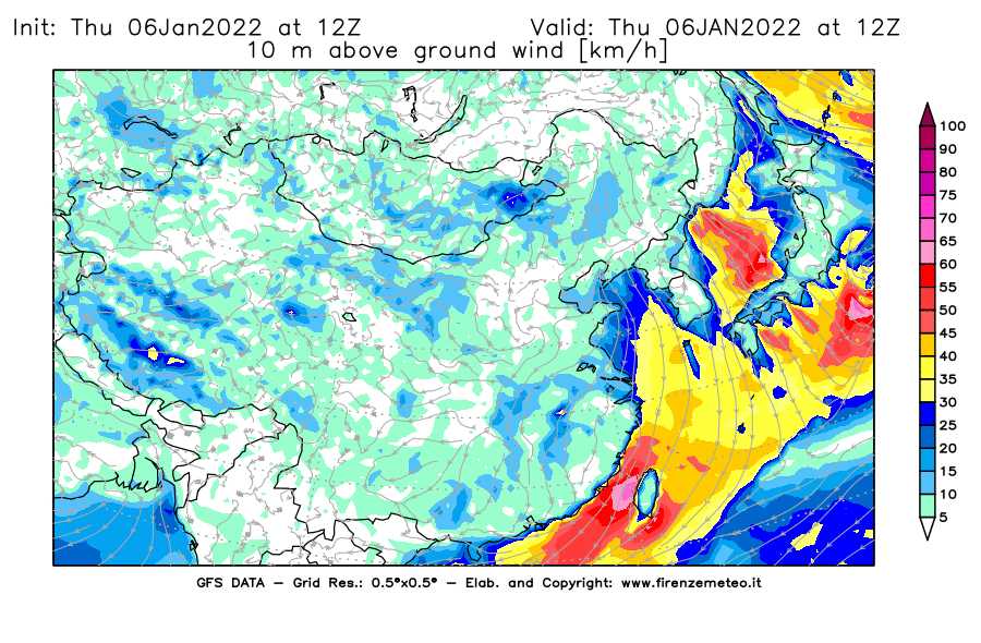 Mappa di analisi GFS - Velocità del vento a 10 metri dal suolo [km/h] in Asia Orientale
							del 06/01/2022 12 <!--googleoff: index-->UTC<!--googleon: index-->