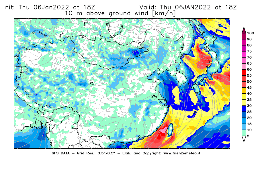 Mappa di analisi GFS - Velocità del vento a 10 metri dal suolo [km/h] in Asia Orientale
							del 06/01/2022 18 <!--googleoff: index-->UTC<!--googleon: index-->