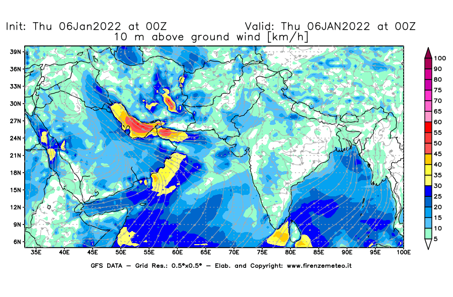 Mappa di analisi GFS - Velocità del vento a 10 metri dal suolo [km/h] in Asia Sud-Occidentale
							del 06/01/2022 00 <!--googleoff: index-->UTC<!--googleon: index-->