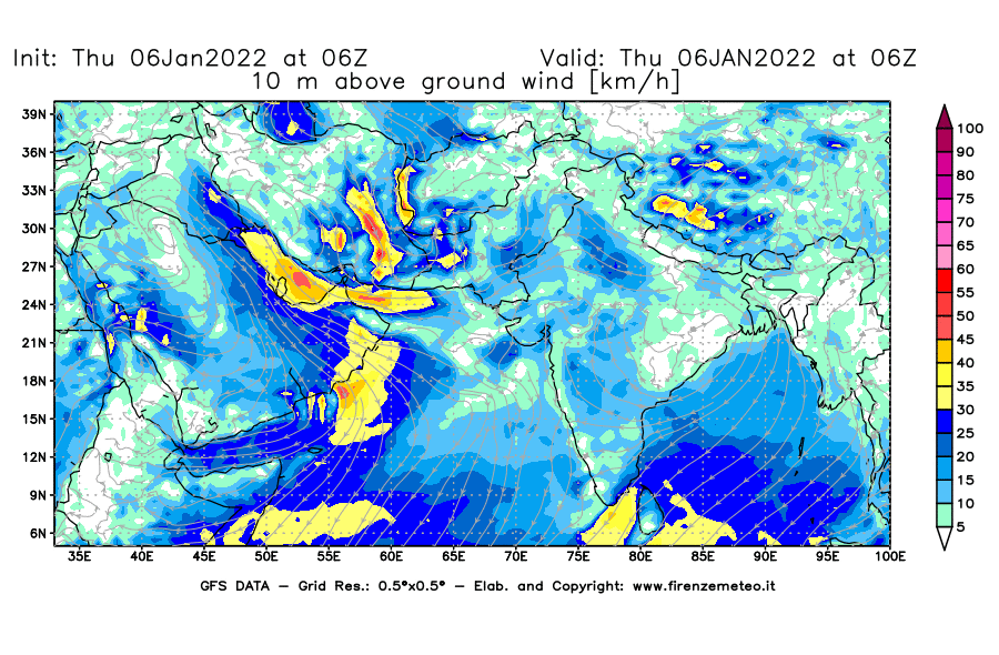 Mappa di analisi GFS - Velocità del vento a 10 metri dal suolo [km/h] in Asia Sud-Occidentale
							del 06/01/2022 06 <!--googleoff: index-->UTC<!--googleon: index-->