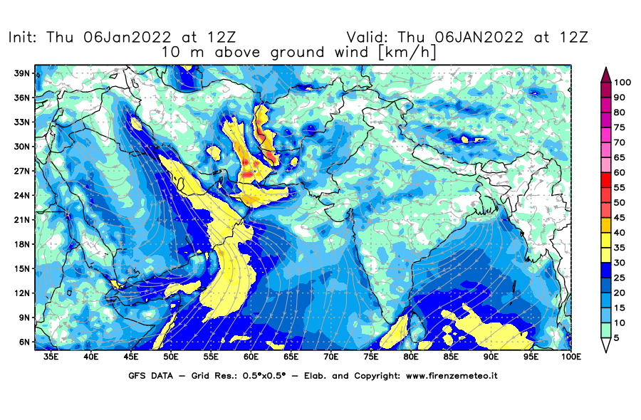 Mappa di analisi GFS - Velocità del vento a 10 metri dal suolo [km/h] in Asia Sud-Occidentale
							del 06/01/2022 12 <!--googleoff: index-->UTC<!--googleon: index-->