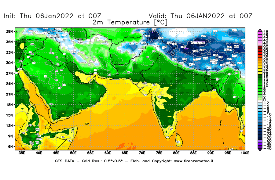 Mappa di analisi GFS - Temperatura a 2 metri dal suolo [°C] in Asia Sud-Occidentale
							del 06/01/2022 00 <!--googleoff: index-->UTC<!--googleon: index-->