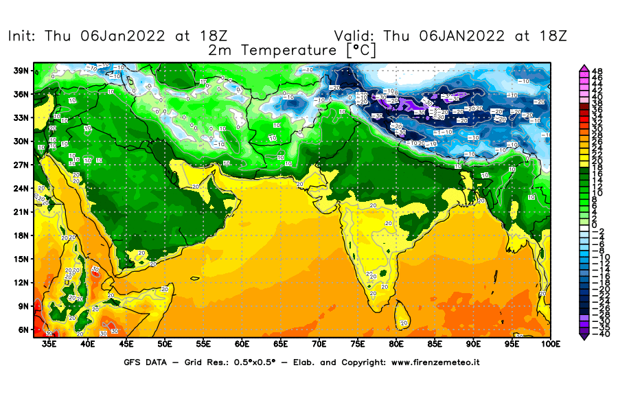 Mappa di analisi GFS - Temperatura a 2 metri dal suolo [°C] in Asia Sud-Occidentale
							del 06/01/2022 18 <!--googleoff: index-->UTC<!--googleon: index-->