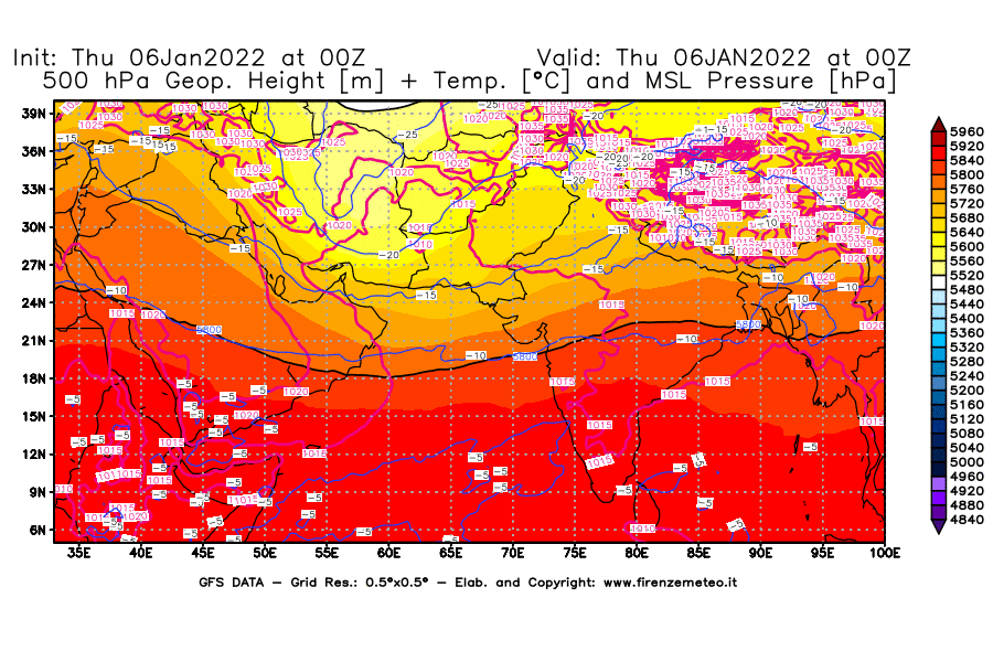 Mappa di analisi GFS - Geopotenziale [m] + Temp. [°C] a 500 hPa + Press. a livello del mare [hPa] in Asia Sud-Occidentale
							del 06/01/2022 00 <!--googleoff: index-->UTC<!--googleon: index-->