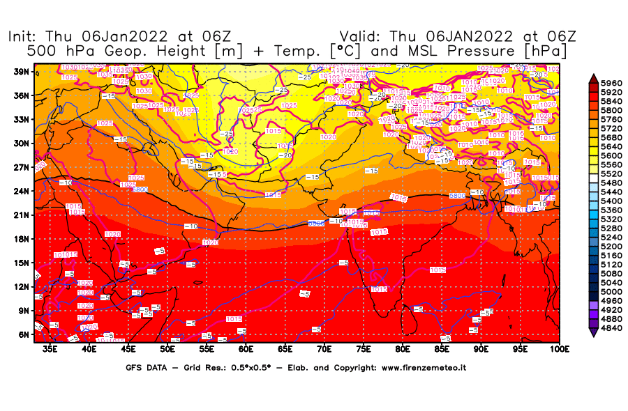 Mappa di analisi GFS - Geopotenziale [m] + Temp. [°C] a 500 hPa + Press. a livello del mare [hPa] in Asia Sud-Occidentale
							del 06/01/2022 06 <!--googleoff: index-->UTC<!--googleon: index-->