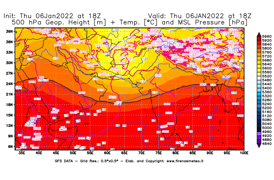 Mappa di analisi GFS - Geopotenziale [m] + Temp. [°C] a 500 hPa + Press. a livello del mare [hPa] in Asia Sud-Occidentale
							del 06/01/2022 18 <!--googleoff: index-->UTC<!--googleon: index-->