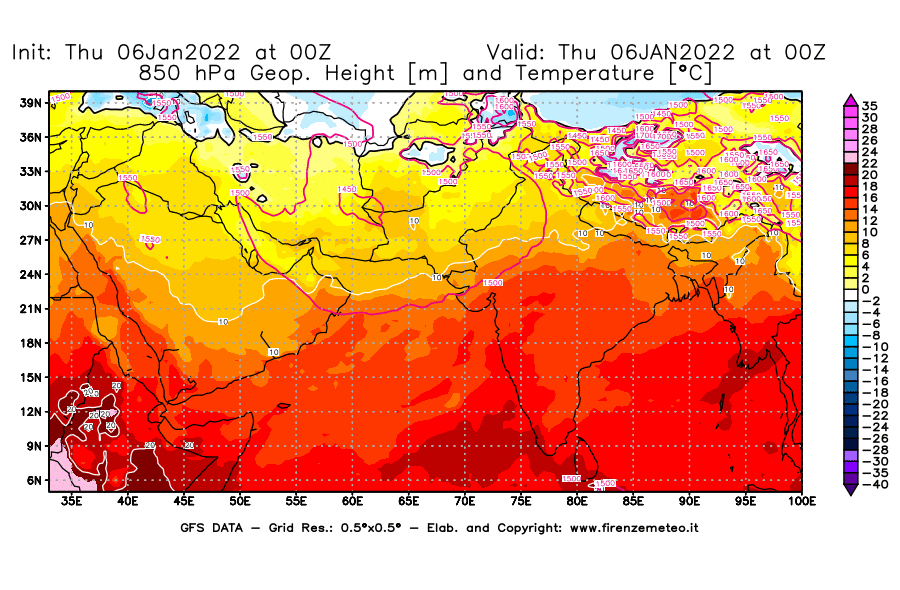 Mappa di analisi GFS - Geopotenziale [m] e Temperatura [°C] a 850 hPa in Asia Sud-Occidentale
							del 06/01/2022 00 <!--googleoff: index-->UTC<!--googleon: index-->