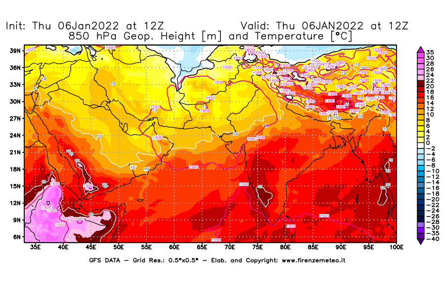Mappa di analisi GFS - Geopotenziale [m] e Temperatura [°C] a 850 hPa in Asia Sud-Occidentale
							del 06/01/2022 12 <!--googleoff: index-->UTC<!--googleon: index-->
