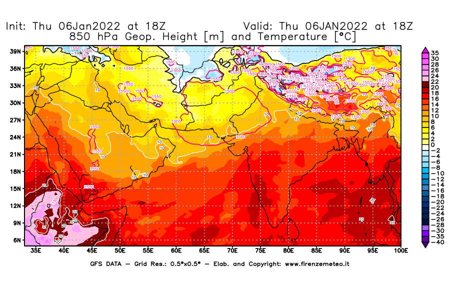 Mappa di analisi GFS - Geopotenziale [m] e Temperatura [°C] a 850 hPa in Asia Sud-Occidentale
							del 06/01/2022 18 <!--googleoff: index-->UTC<!--googleon: index-->