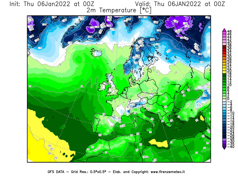 Mappa di analisi GFS - Temperatura a 2 metri dal suolo [°C] in Europa
							del 06/01/2022 00 <!--googleoff: index-->UTC<!--googleon: index-->