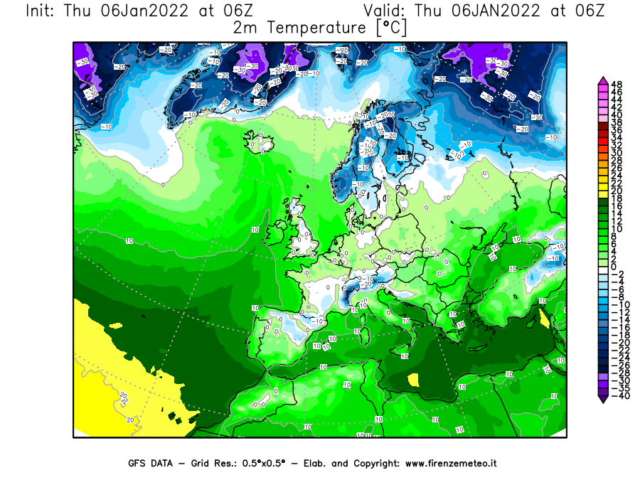 Mappa di analisi GFS - Temperatura a 2 metri dal suolo [°C] in Europa
							del 06/01/2022 06 <!--googleoff: index-->UTC<!--googleon: index-->