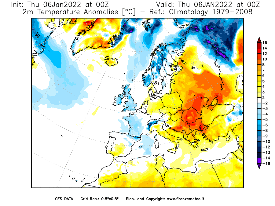 Mappa di analisi GFS - Anomalia Temperatura [°C] a 2 m in Europa
							del 06/01/2022 00 <!--googleoff: index-->UTC<!--googleon: index-->