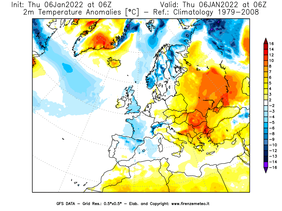 Mappa di analisi GFS - Anomalia Temperatura [°C] a 2 m in Europa
							del 06/01/2022 06 <!--googleoff: index-->UTC<!--googleon: index-->