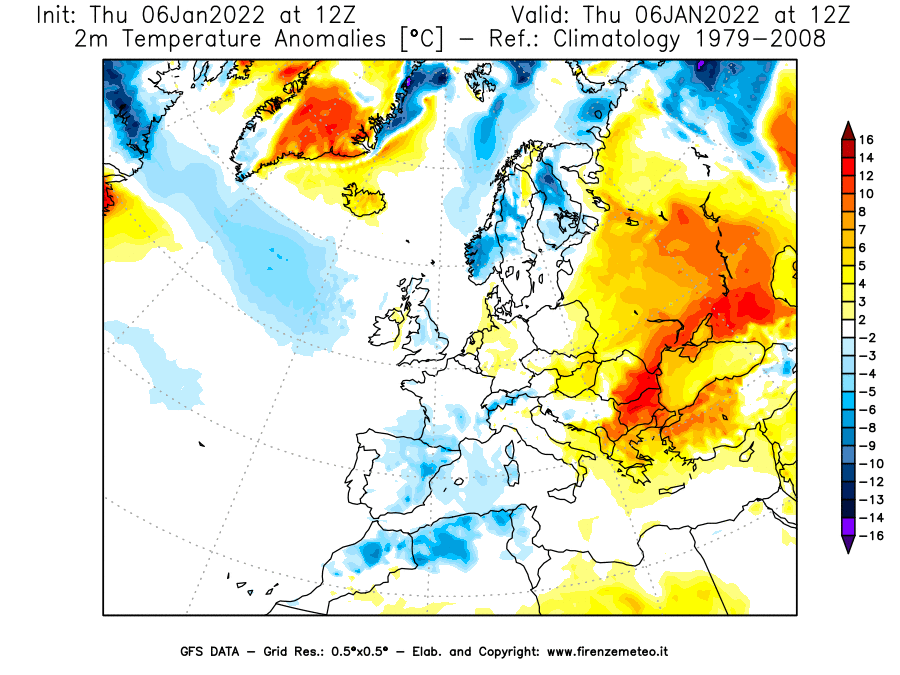 Mappa di analisi GFS - Anomalia Temperatura [°C] a 2 m in Europa
							del 06/01/2022 12 <!--googleoff: index-->UTC<!--googleon: index-->