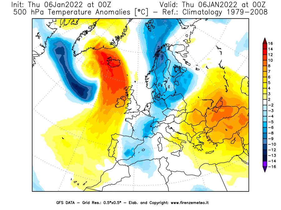 Mappa di analisi GFS - Anomalia Temperatura [°C] a 500 hPa in Europa
							del 06/01/2022 00 <!--googleoff: index-->UTC<!--googleon: index-->