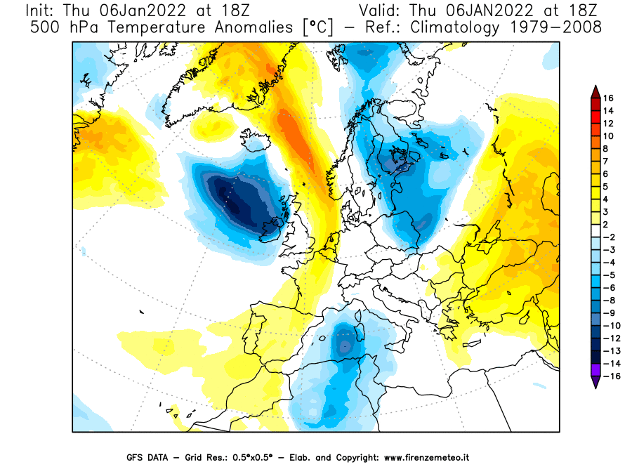 Mappa di analisi GFS - Anomalia Temperatura [°C] a 500 hPa in Europa
							del 06/01/2022 18 <!--googleoff: index-->UTC<!--googleon: index-->