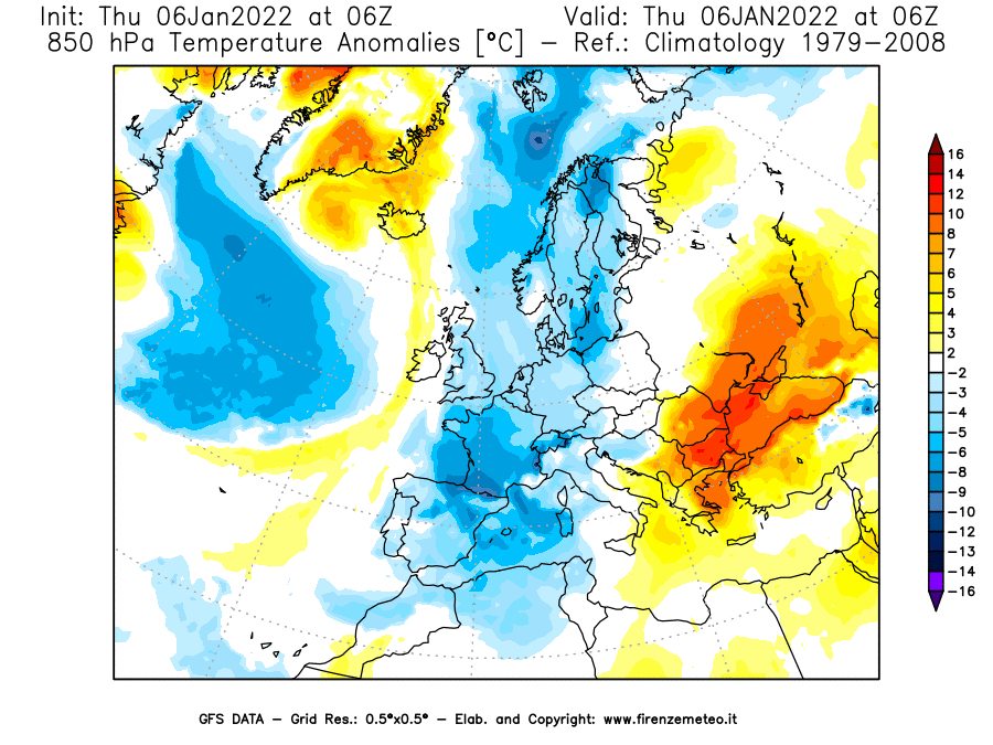 Mappa di analisi GFS - Anomalia Temperatura [°C] a 850 hPa in Europa
							del 06/01/2022 06 <!--googleoff: index-->UTC<!--googleon: index-->