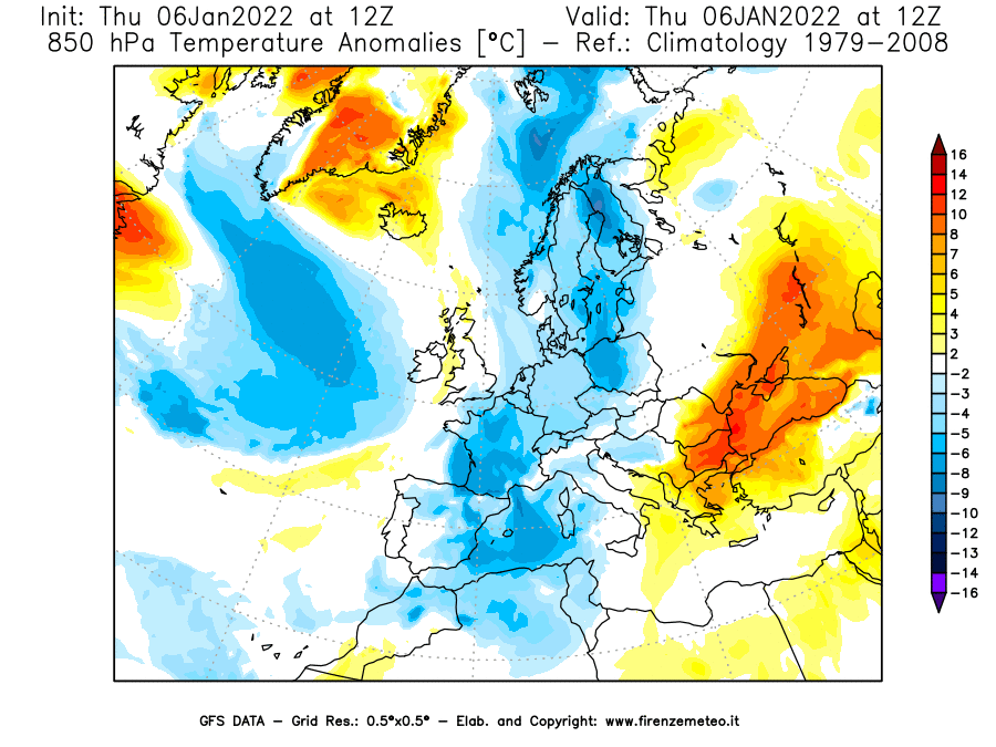 Mappa di analisi GFS - Anomalia Temperatura [°C] a 850 hPa in Europa
							del 06/01/2022 12 <!--googleoff: index-->UTC<!--googleon: index-->
