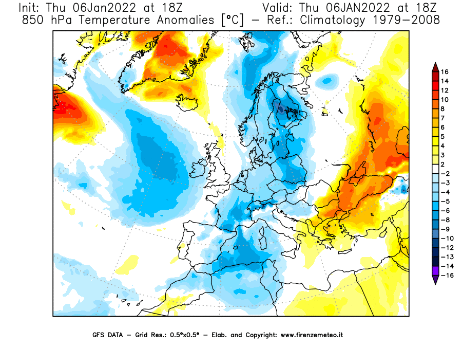 Mappa di analisi GFS - Anomalia Temperatura [°C] a 850 hPa in Europa
							del 06/01/2022 18 <!--googleoff: index-->UTC<!--googleon: index-->