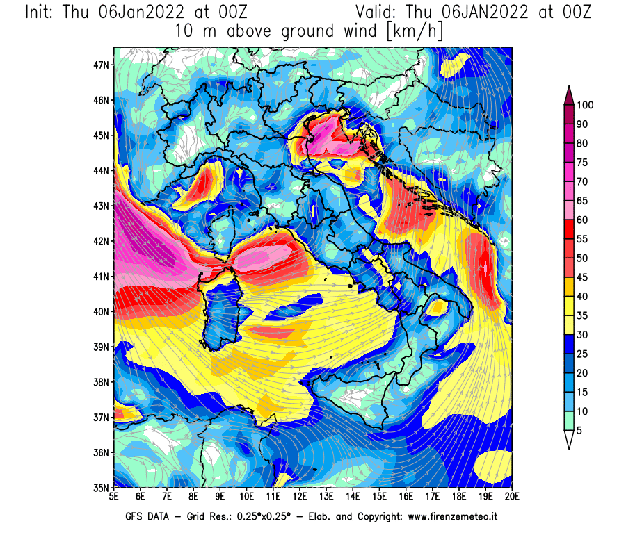 Mappa di analisi GFS - Velocità del vento a 10 metri dal suolo [km/h] in Italia
							del 06/01/2022 00 <!--googleoff: index-->UTC<!--googleon: index-->