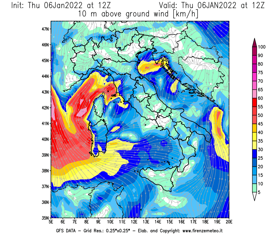 Mappa di analisi GFS - Velocità del vento a 10 metri dal suolo [km/h] in Italia
							del 06/01/2022 12 <!--googleoff: index-->UTC<!--googleon: index-->