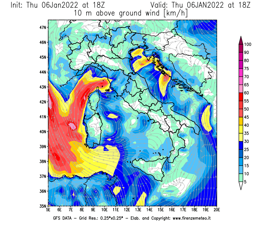 Mappa di analisi GFS - Velocità del vento a 10 metri dal suolo [km/h] in Italia
							del 06/01/2022 18 <!--googleoff: index-->UTC<!--googleon: index-->