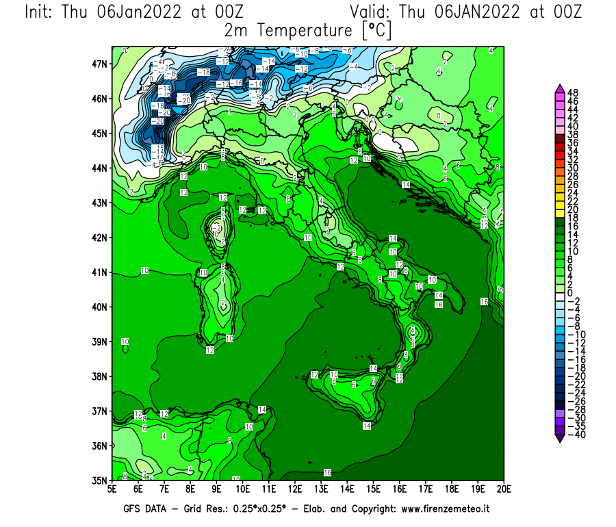 Mappa di analisi GFS - Temperatura a 2 metri dal suolo [°C] in Italia
							del 06/01/2022 00 <!--googleoff: index-->UTC<!--googleon: index-->