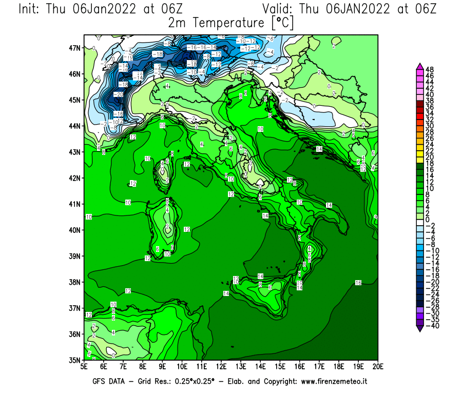 Mappa di analisi GFS - Temperatura a 2 metri dal suolo [°C] in Italia
							del 06/01/2022 06 <!--googleoff: index-->UTC<!--googleon: index-->