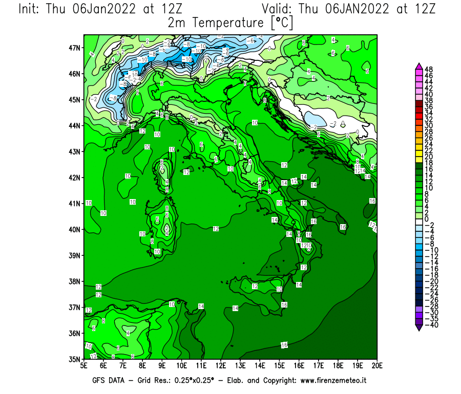 Mappa di analisi GFS - Temperatura a 2 metri dal suolo [°C] in Italia
							del 06/01/2022 12 <!--googleoff: index-->UTC<!--googleon: index-->