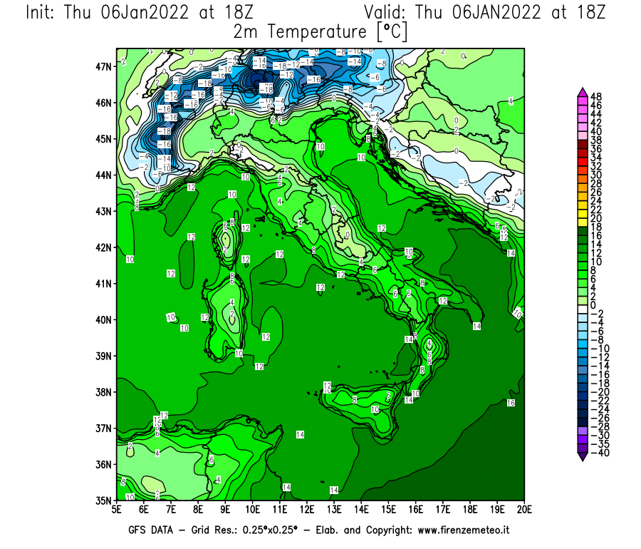 Mappa di analisi GFS - Temperatura a 2 metri dal suolo [°C] in Italia
							del 06/01/2022 18 <!--googleoff: index-->UTC<!--googleon: index-->