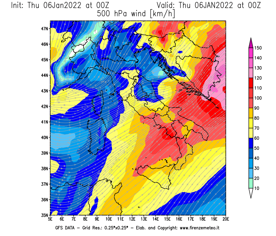 Mappa di analisi GFS - Velocità del vento a 500 hPa [km/h] in Italia
							del 06/01/2022 00 <!--googleoff: index-->UTC<!--googleon: index-->