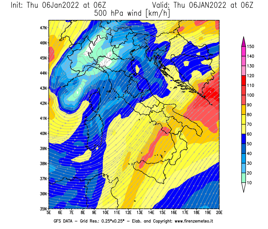 Mappa di analisi GFS - Velocità del vento a 500 hPa [km/h] in Italia
							del 06/01/2022 06 <!--googleoff: index-->UTC<!--googleon: index-->