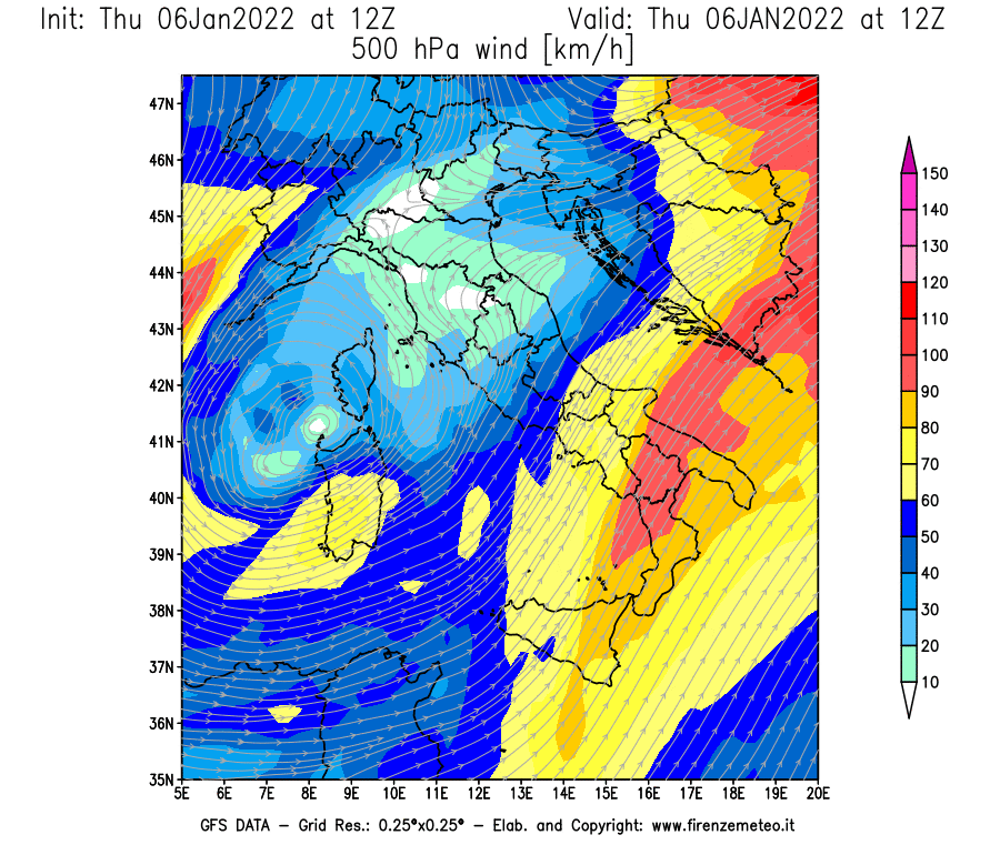 Mappa di analisi GFS - Velocità del vento a 500 hPa [km/h] in Italia
							del 06/01/2022 12 <!--googleoff: index-->UTC<!--googleon: index-->