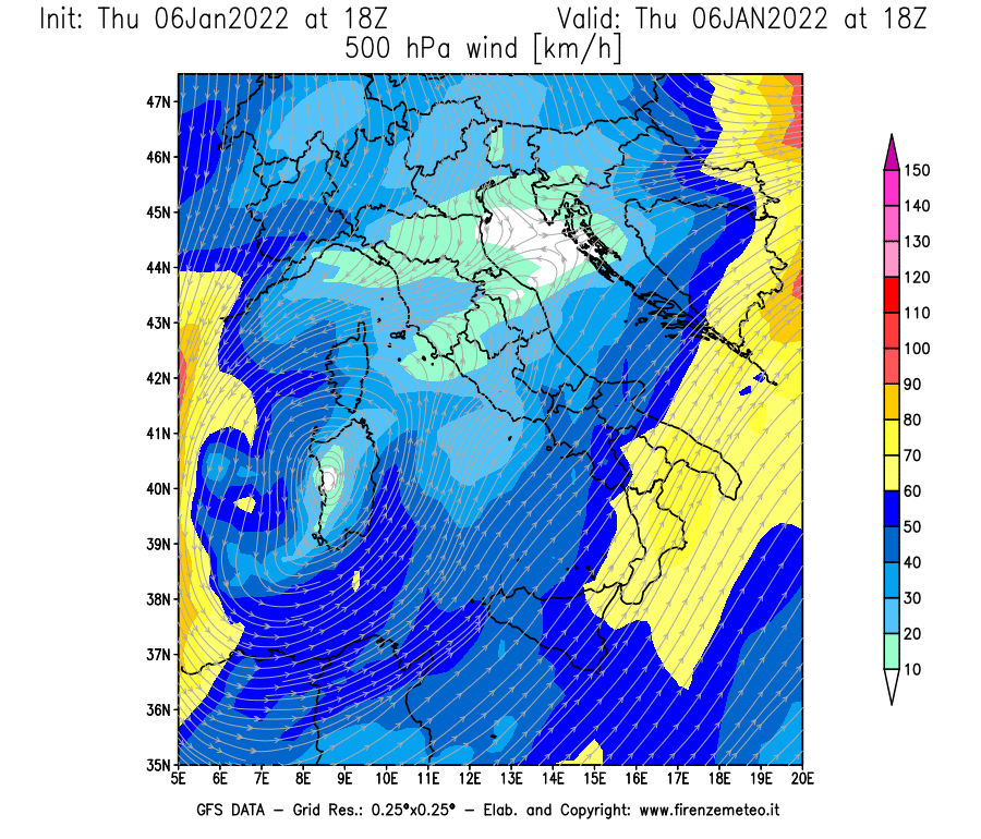 Mappa di analisi GFS - Velocità del vento a 500 hPa [km/h] in Italia
							del 06/01/2022 18 <!--googleoff: index-->UTC<!--googleon: index-->