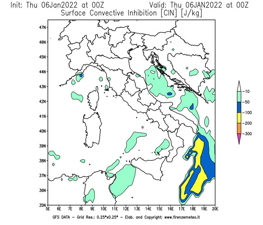 Mappa di analisi GFS - CIN [J/kg] in Italia
							del 06/01/2022 00 <!--googleoff: index-->UTC<!--googleon: index-->