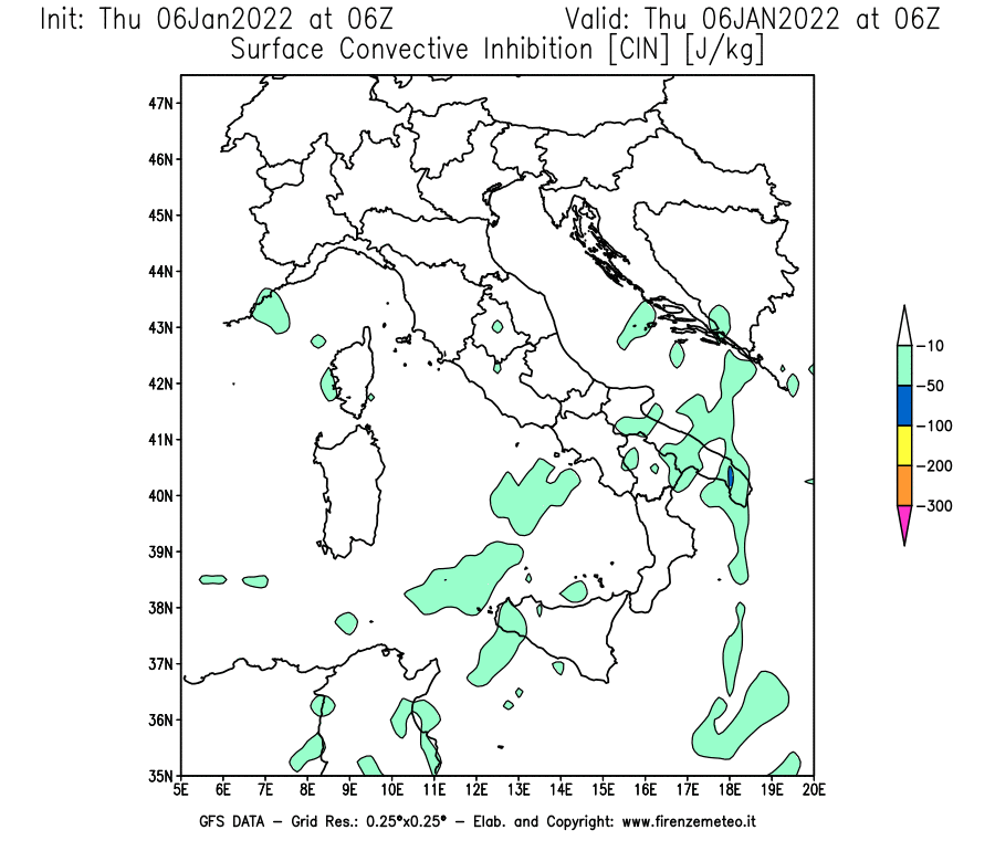 Mappa di analisi GFS - CIN [J/kg] in Italia
							del 06/01/2022 06 <!--googleoff: index-->UTC<!--googleon: index-->