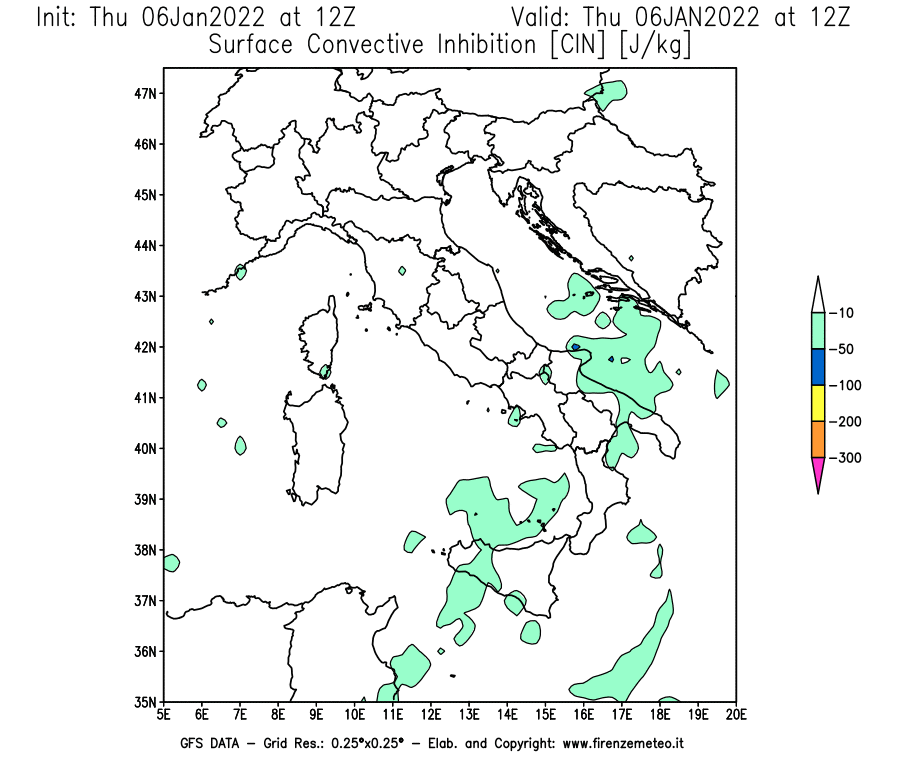 Mappa di analisi GFS - CIN [J/kg] in Italia
							del 06/01/2022 12 <!--googleoff: index-->UTC<!--googleon: index-->