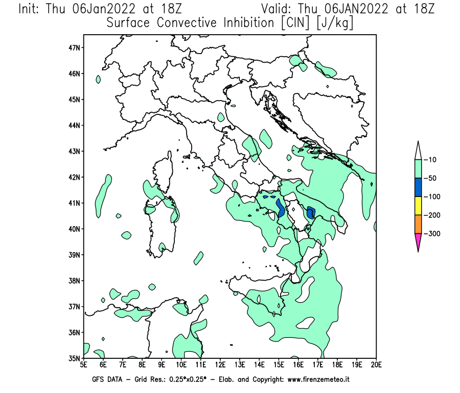 Mappa di analisi GFS - CIN [J/kg] in Italia
							del 06/01/2022 18 <!--googleoff: index-->UTC<!--googleon: index-->