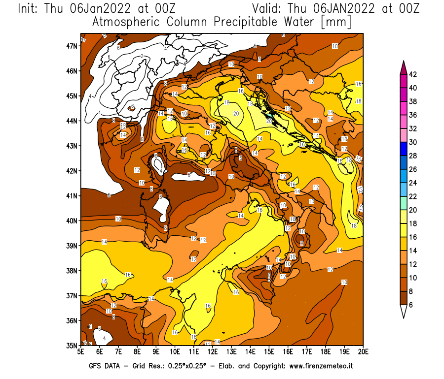 Mappa di analisi GFS - Precipitable Water [mm] in Italia
							del 06/01/2022 00 <!--googleoff: index-->UTC<!--googleon: index-->