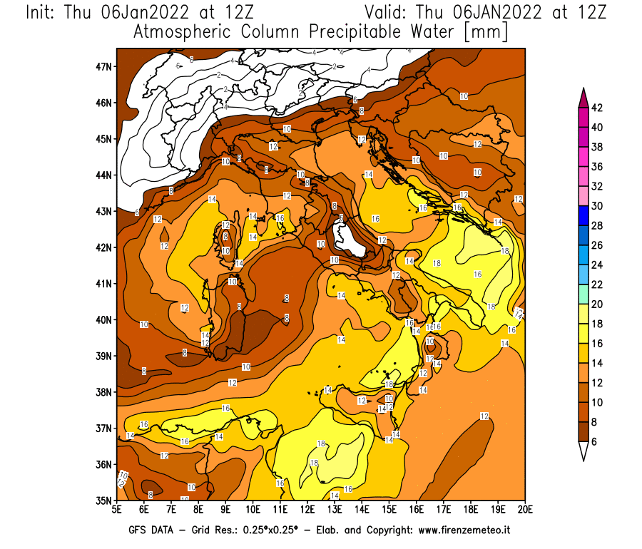 Mappa di analisi GFS - Precipitable Water [mm] in Italia
							del 06/01/2022 12 <!--googleoff: index-->UTC<!--googleon: index-->
