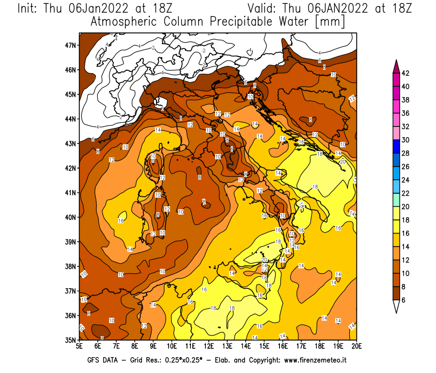 Mappa di analisi GFS - Precipitable Water [mm] in Italia
							del 06/01/2022 18 <!--googleoff: index-->UTC<!--googleon: index-->