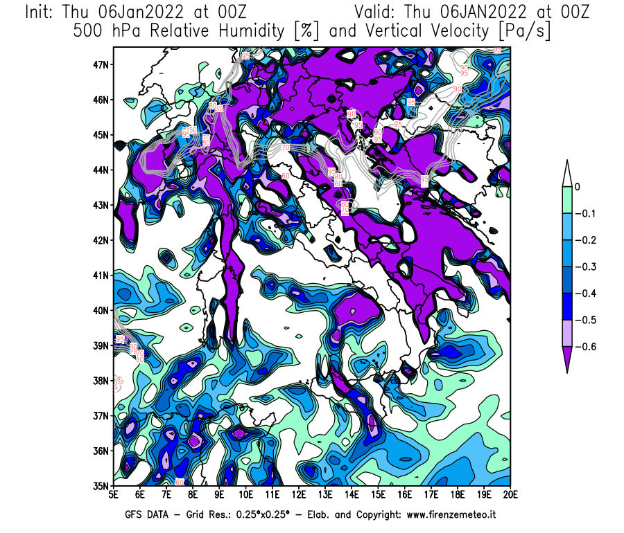 Mappa di analisi GFS - Umidità relativa [%] e Omega [Pa/s] a 500 hPa in Italia
							del 06/01/2022 00 <!--googleoff: index-->UTC<!--googleon: index-->