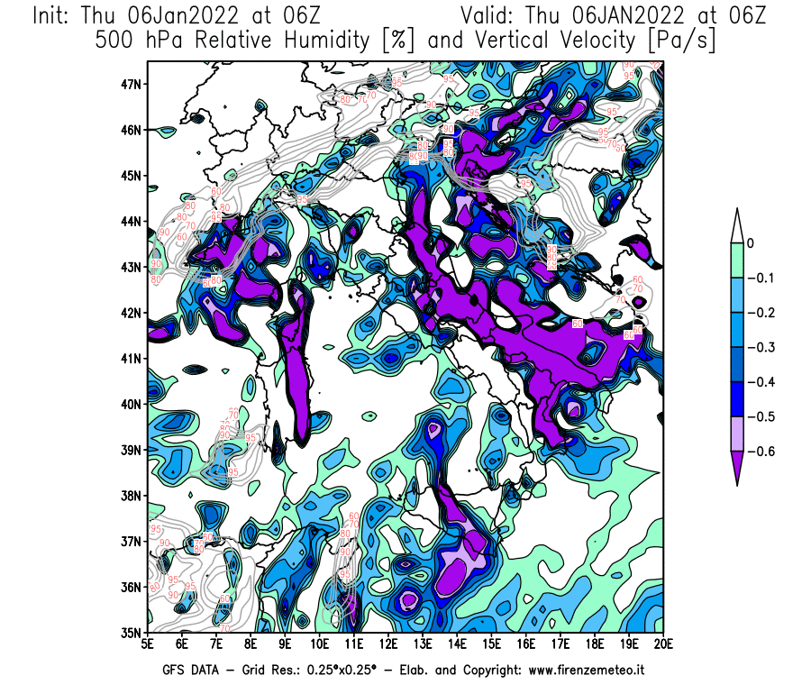 Mappa di analisi GFS - Umidità relativa [%] e Omega [Pa/s] a 500 hPa in Italia
							del 06/01/2022 06 <!--googleoff: index-->UTC<!--googleon: index-->