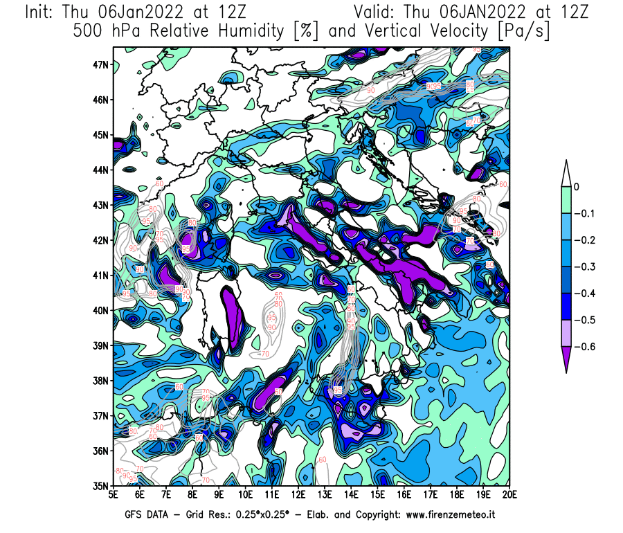Mappa di analisi GFS - Umidità relativa [%] e Omega [Pa/s] a 500 hPa in Italia
							del 06/01/2022 12 <!--googleoff: index-->UTC<!--googleon: index-->