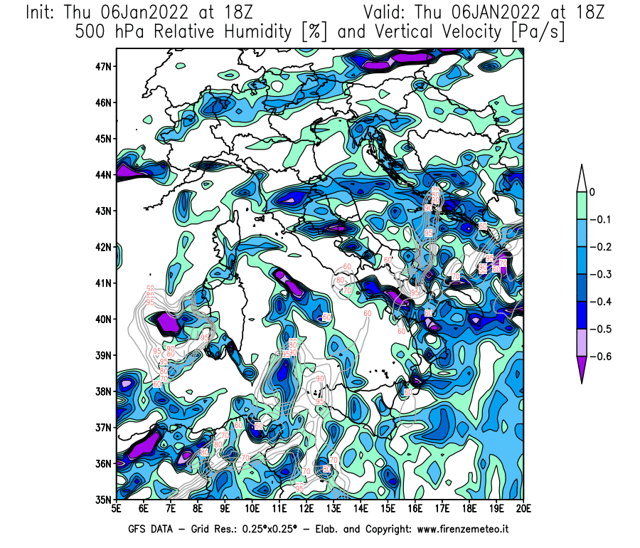 Mappa di analisi GFS - Umidità relativa [%] e Omega [Pa/s] a 500 hPa in Italia
							del 06/01/2022 18 <!--googleoff: index-->UTC<!--googleon: index-->