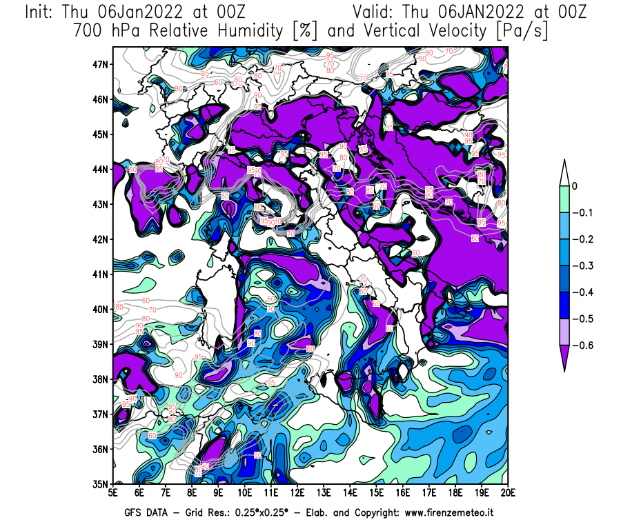 Mappa di analisi GFS - Umidità relativa [%] e Omega [Pa/s] a 700 hPa in Italia
							del 06/01/2022 00 <!--googleoff: index-->UTC<!--googleon: index-->