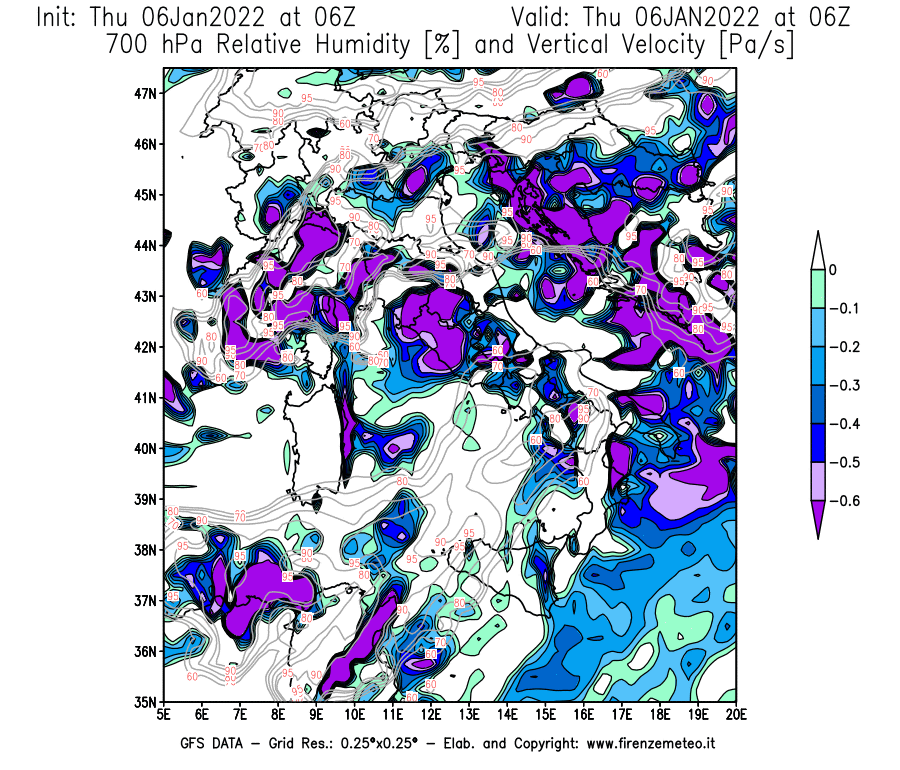 Mappa di analisi GFS - Umidità relativa [%] e Omega [Pa/s] a 700 hPa in Italia
							del 06/01/2022 06 <!--googleoff: index-->UTC<!--googleon: index-->