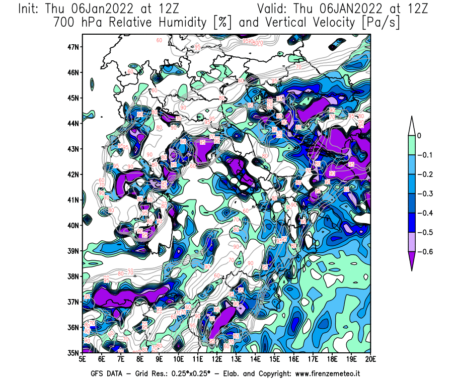 Mappa di analisi GFS - Umidità relativa [%] e Omega [Pa/s] a 700 hPa in Italia
							del 06/01/2022 12 <!--googleoff: index-->UTC<!--googleon: index-->