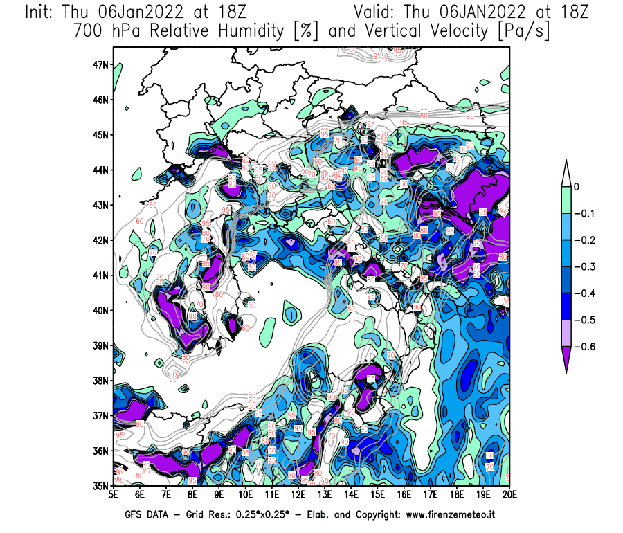 Mappa di analisi GFS - Umidità relativa [%] e Omega [Pa/s] a 700 hPa in Italia
							del 06/01/2022 18 <!--googleoff: index-->UTC<!--googleon: index-->
