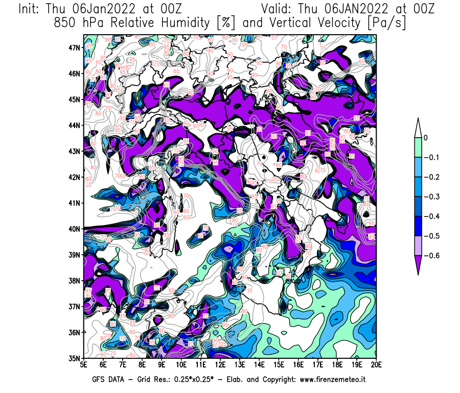 Mappa di analisi GFS - Umidità relativa [%] e Omega [Pa/s] a 850 hPa in Italia
							del 06/01/2022 00 <!--googleoff: index-->UTC<!--googleon: index-->